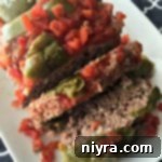 Overhead image of Stuffed Pepper Meatloaf on a white platter