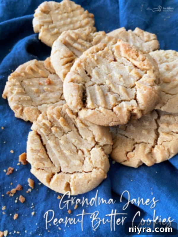 Top view of a stack of classic peanut butter cookies with a prominent criss-cross pattern, accompanied by descriptive text.