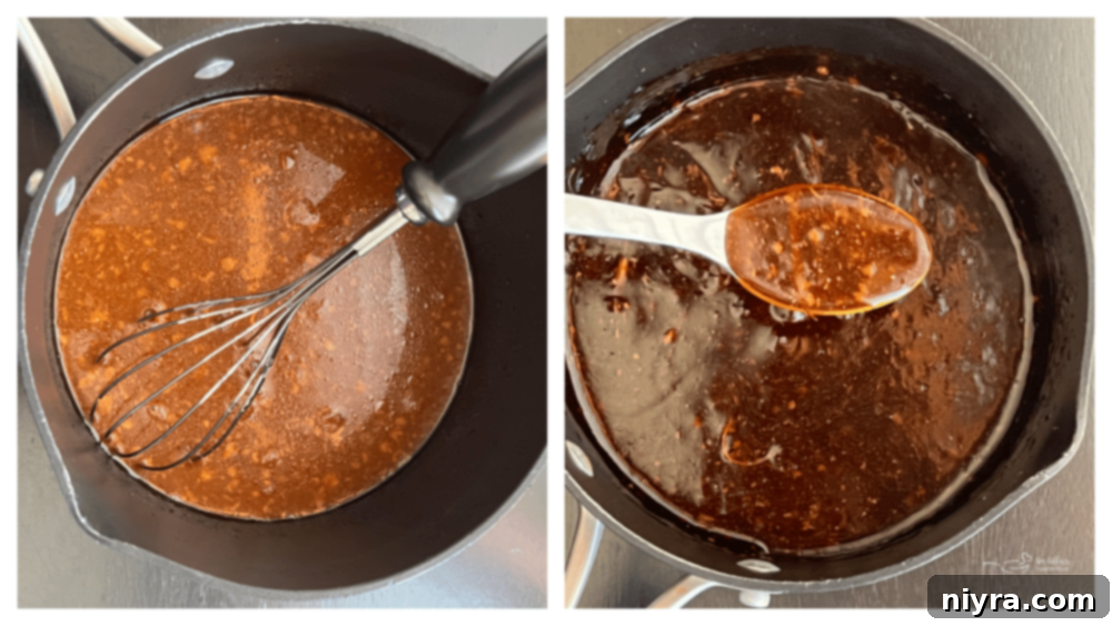 Pouring thickened teriyaki sauce over chicken