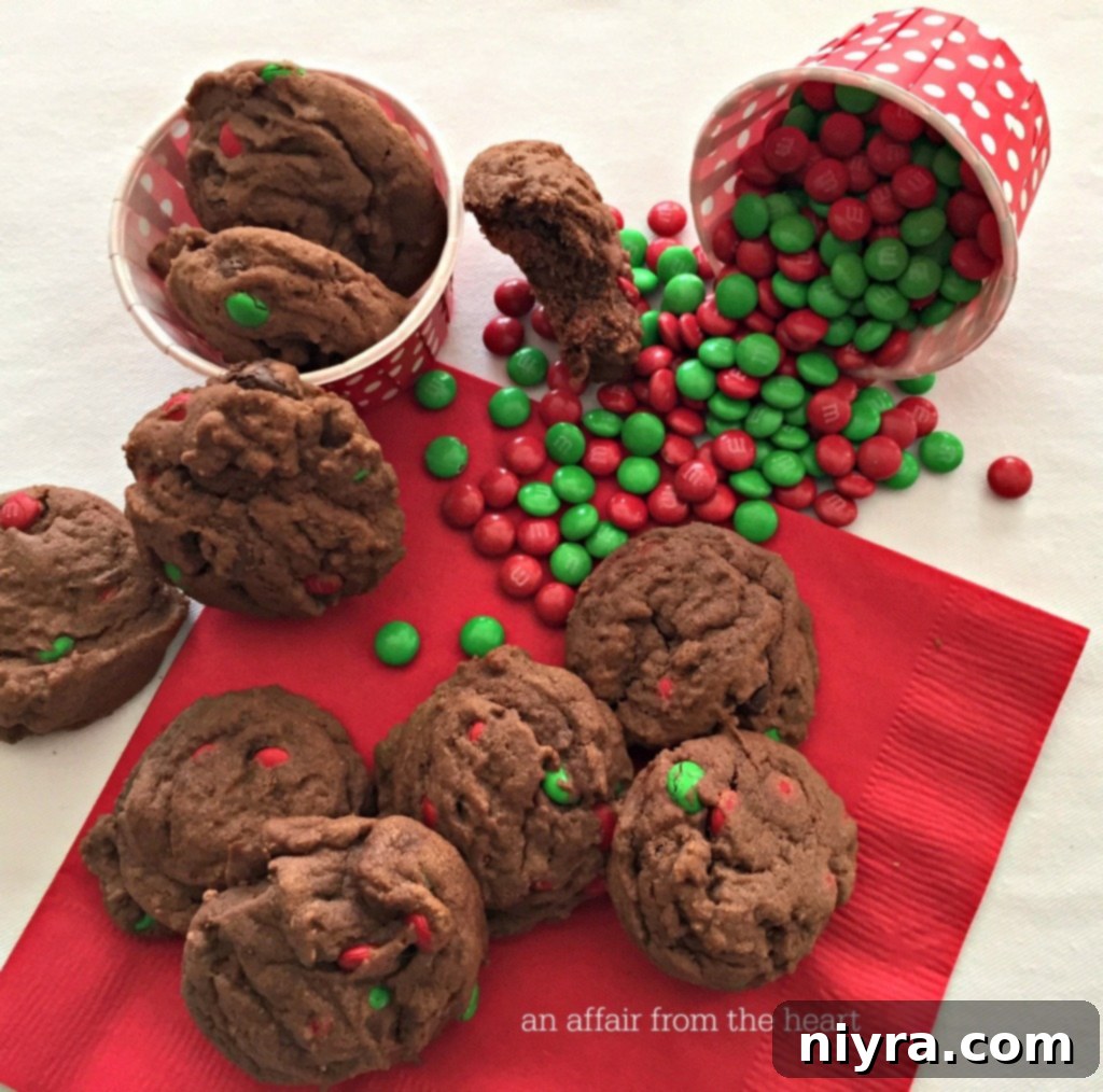 Chocolate Pudding Cookies with Christmas M&Ms