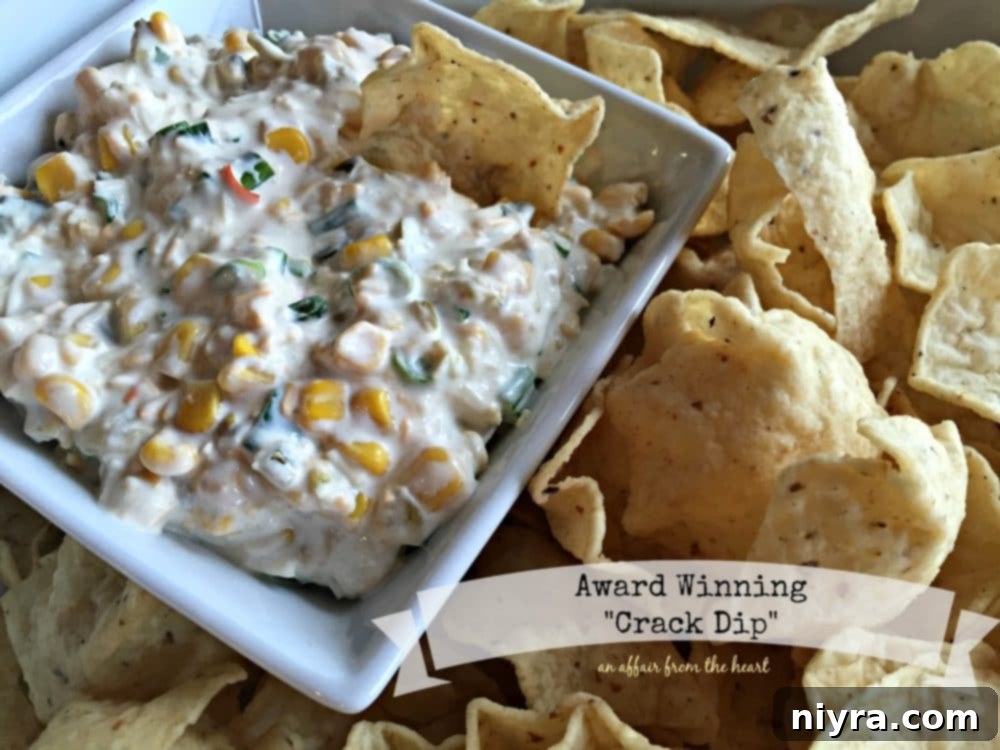 Champion's Irresistible Dip 13 Dip in a white serving dish with chips around it and text "award winning crack dip"