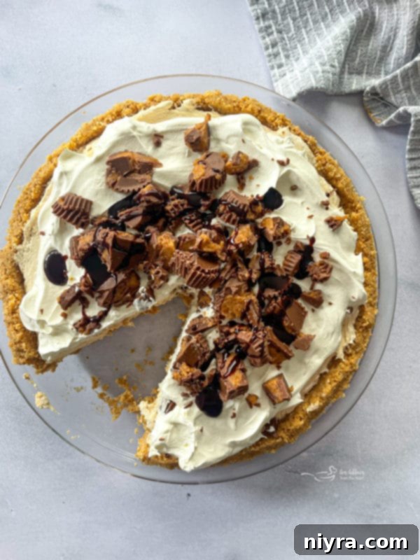 Close-up of a creamy no-bake peanut butter pie, a decadent dessert option.