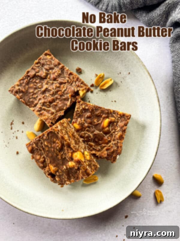 A beautifully presented plate of chewy chocolate peanut butter no-bake cookie bars, ready to be enjoyed.