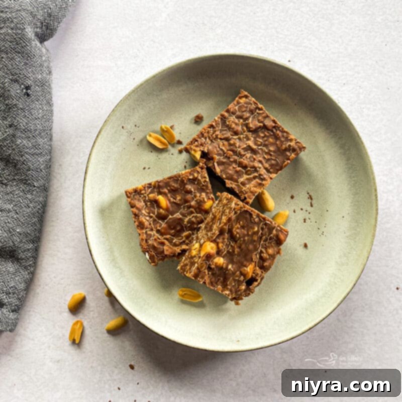 Close-up of a plate of freshly made chewy chocolate peanut butter no-bake cookie bars, showing their texture and layers.