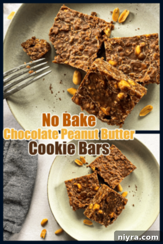 A neatly arranged stack of no-bake chocolate peanut butter cookie bars, ready to be enjoyed.