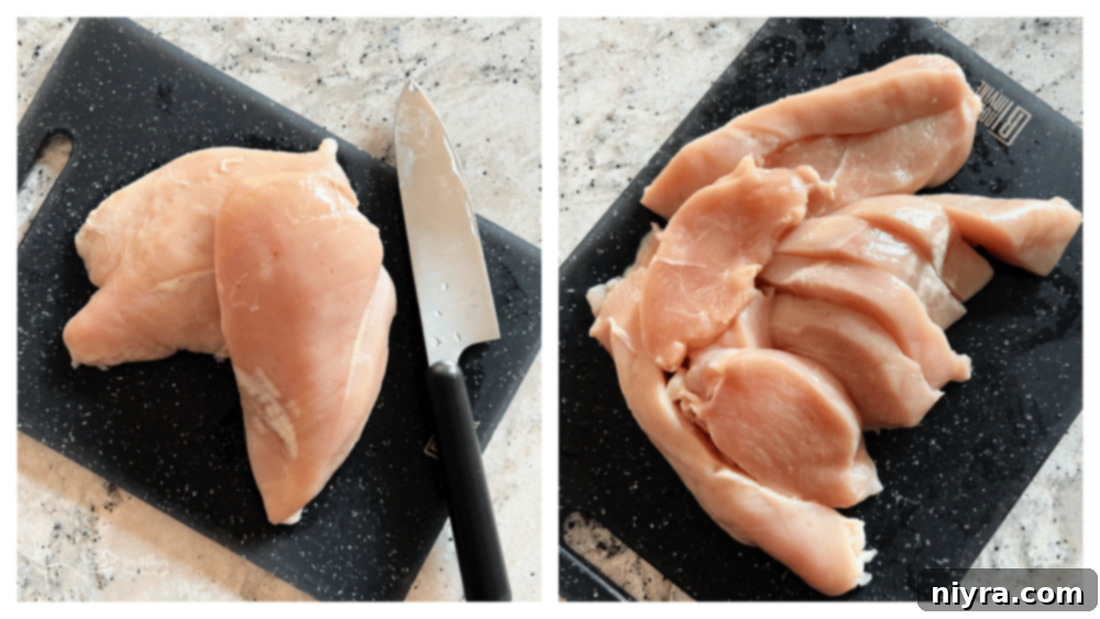 Crispy Air Fryer BBQ Tenders 8 Raw chicken breasts being cut into strips