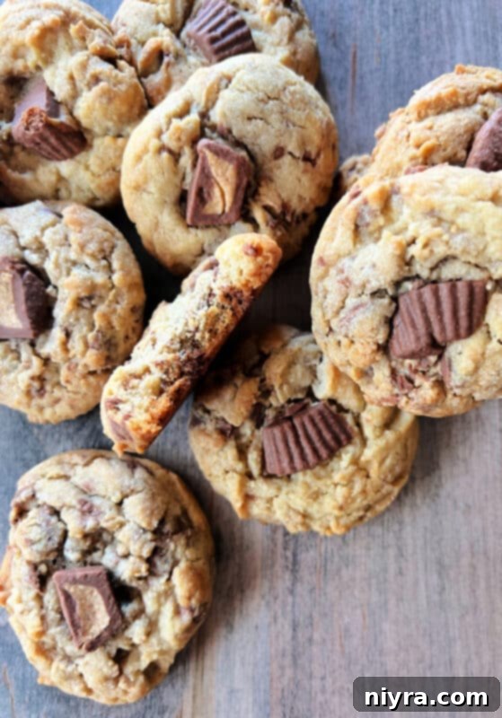 Close-up of baked Reese's Peanut Butter Cup Cookies on a cooling rack.