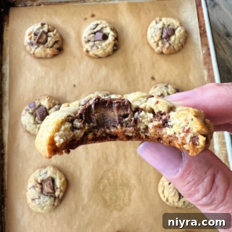 A pile of perfectly baked Reese's Peanut Butter Cup Cookies on parchment paper.