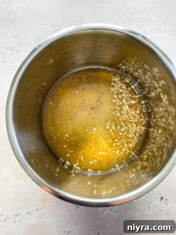 Stock, garlic, salt, and pepper combined at the bottom of the Instant Pot.