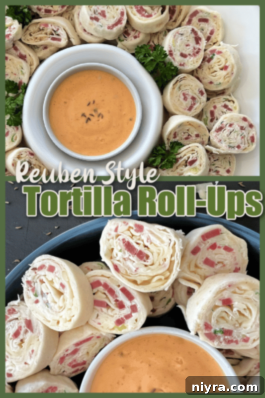A close-up of a stack of Reuben Style Tortilla Roll-Ups