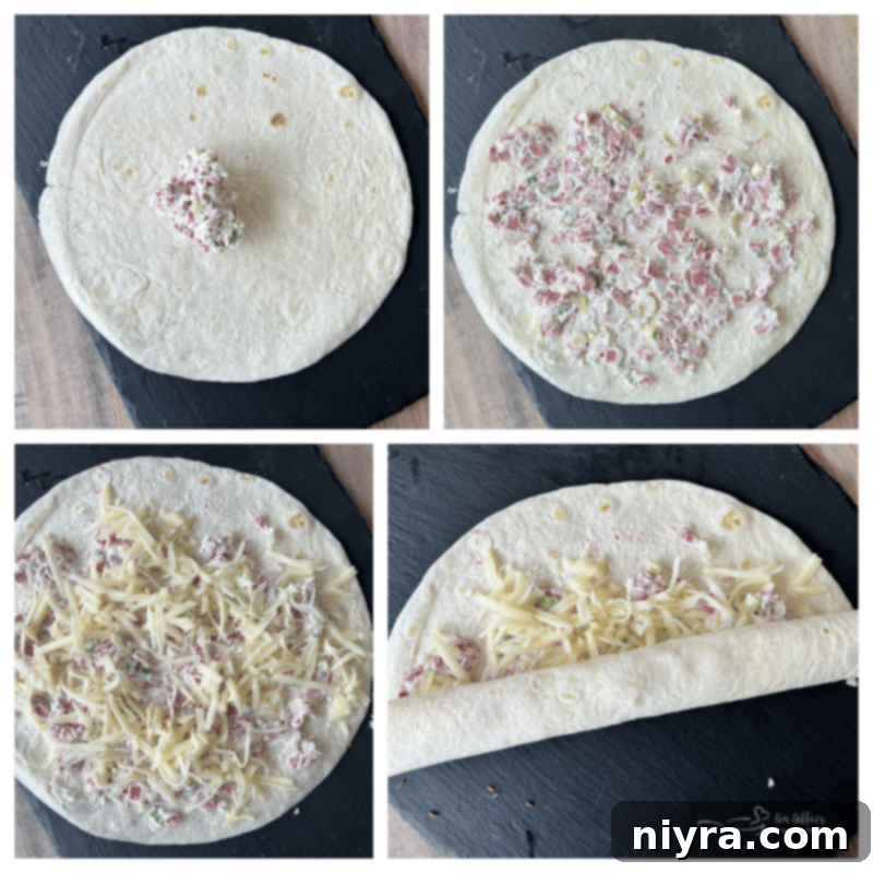 Cream cheese mixture being spread on a tortilla