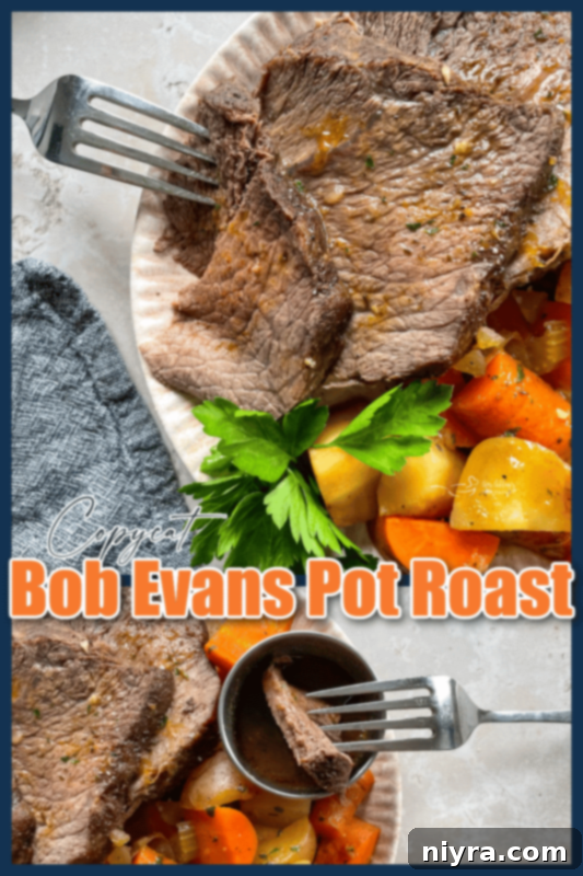 Promotional graphic encouraging pinning the Bob Evans Pot Roast recipe on Pinterest.