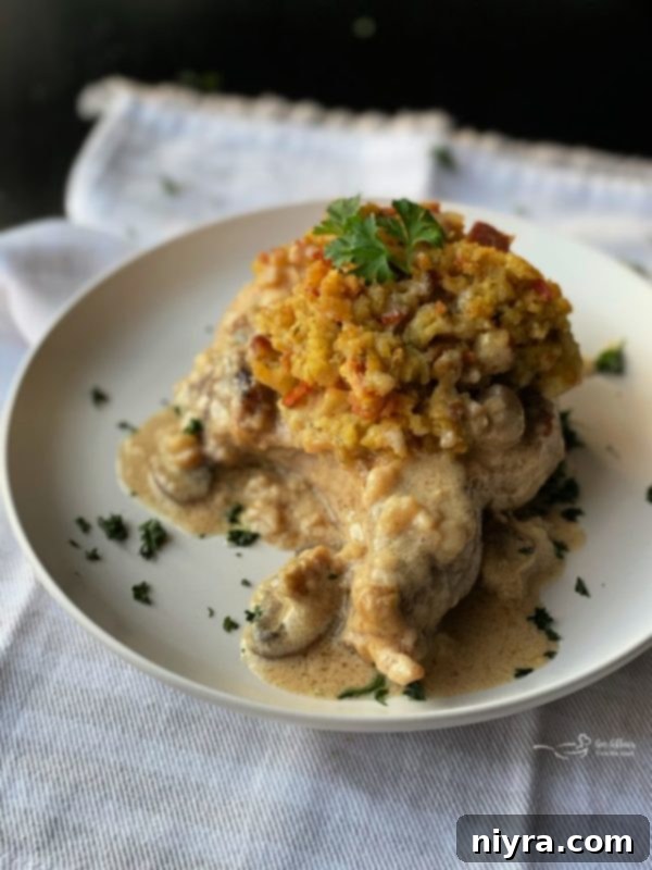 Cropped image showing baked pork chops with stuffing, part of a collection of comfort food recipes.
