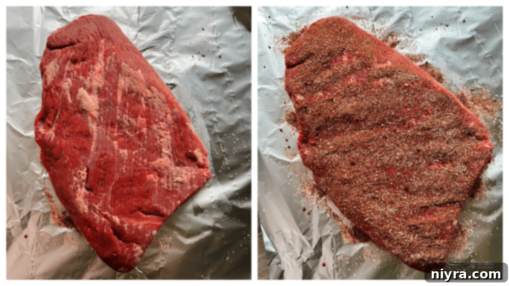 Beef brisket being prepared for the dry rub application.
