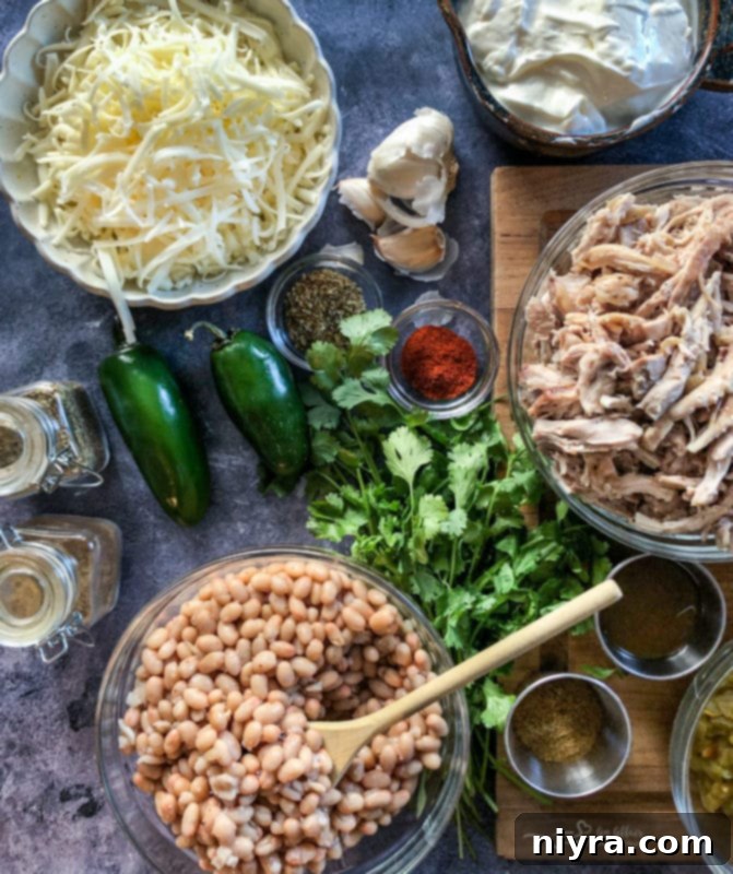 A bowl of White Chicken Chili topped with green onions and a spoon.