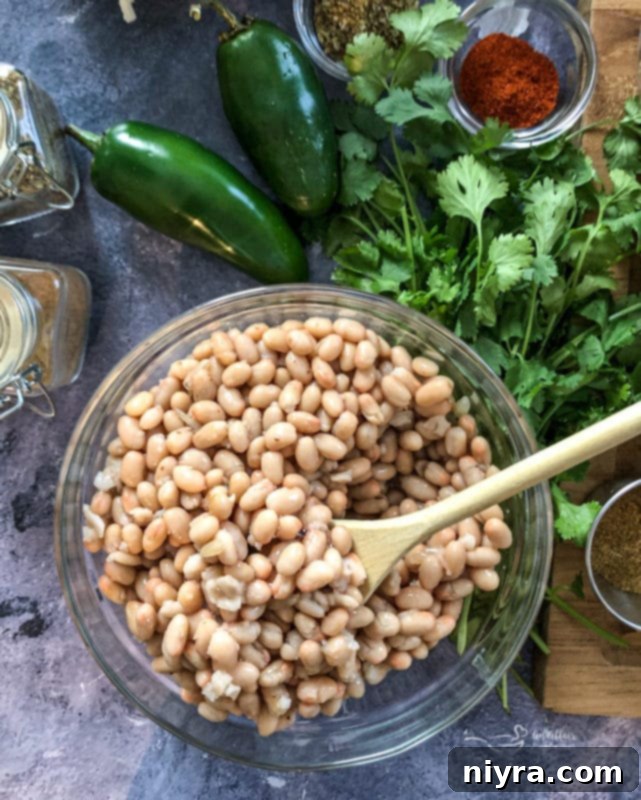 Close-up of canned Great Northern beans, a key ingredient for white chili.