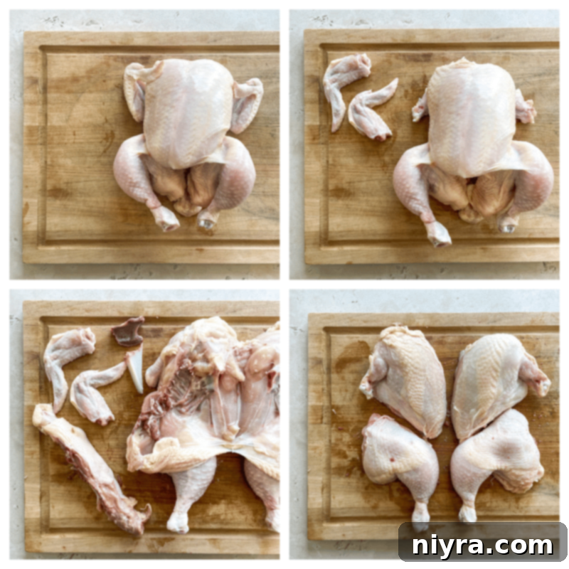 A whole chicken being cut into pieces on a cutting board, demonstrating preparation.