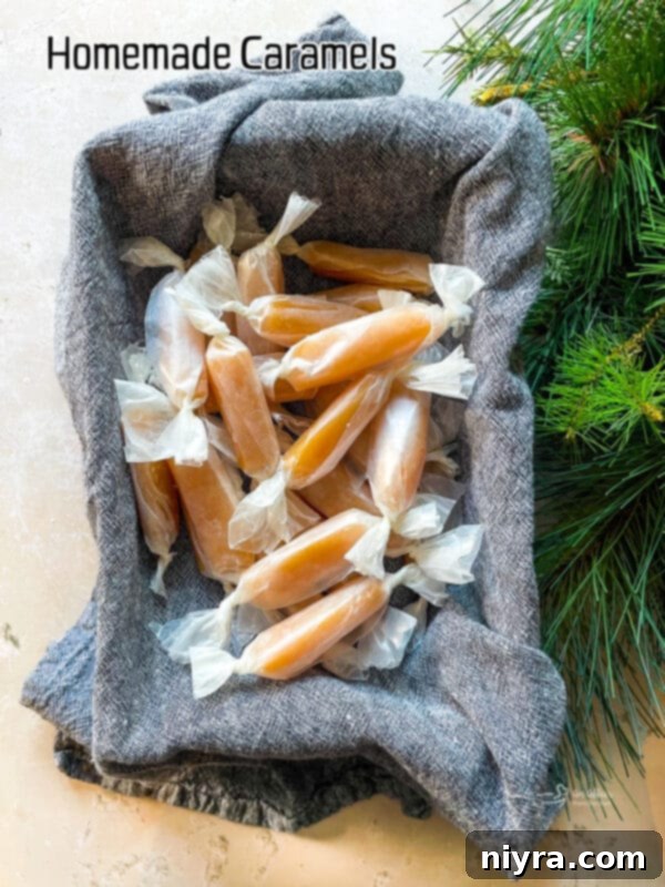 A stack of perfectly cut and wrapped homemade caramels.