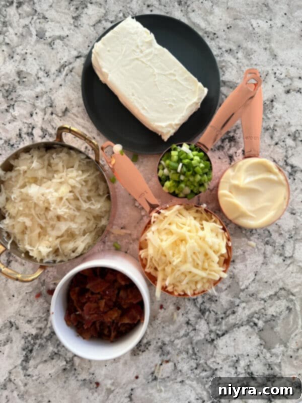 Savory Sauerkraut, Bacon and Swiss Dip 5 Another overhead shot of the Sauerkraut Bacon Swiss Dip.