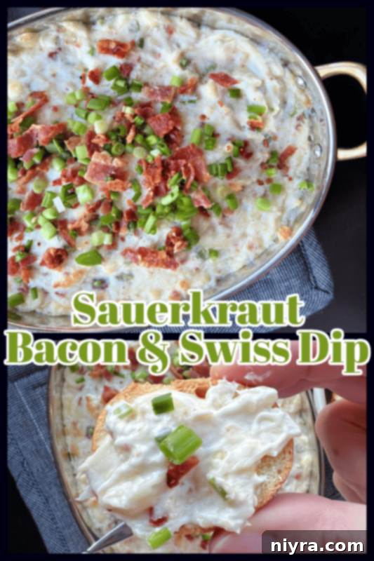 Savory Sauerkraut, Bacon and Swiss Dip 8 Cooked Sauerkraut Bacon Swiss Dip ready for serving.