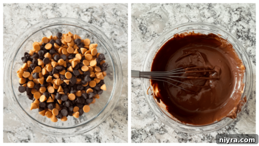 Mixing crispy rice cereal with peanut butter mixture in a large bowl.