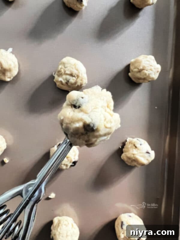 Mom's Scrumptious Cookies 11 Scoops of cookie dough on a baking sheet