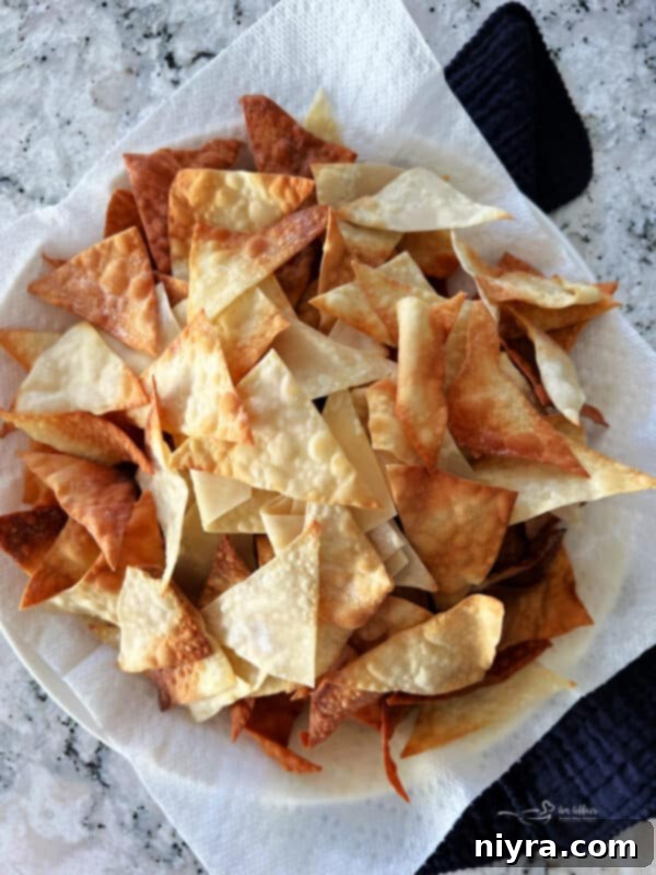A bowl of crispy golden air fryer wonton chips ready to be served as a snack or accompaniment.