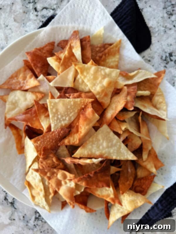 A close-up shot of an air fryer basket filled with golden-brown wonton chips, freshly cooked.