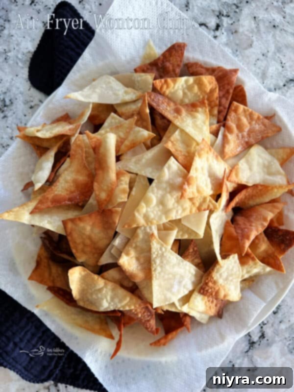 A bowl of Air Fryer Wonton Chips, golden and crispy, ready for dipping, presented on a dark textured background.