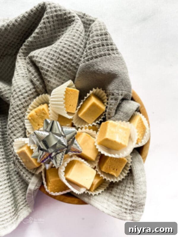 Close-up of a perfectly cut square of peanut butter fudge on a white dish