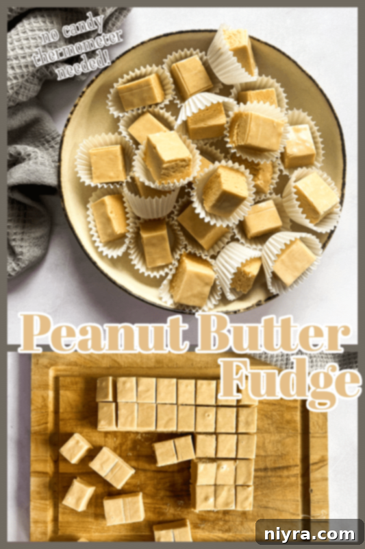 A close-up of a neatly cut square of peanut butter fudge on a textured background