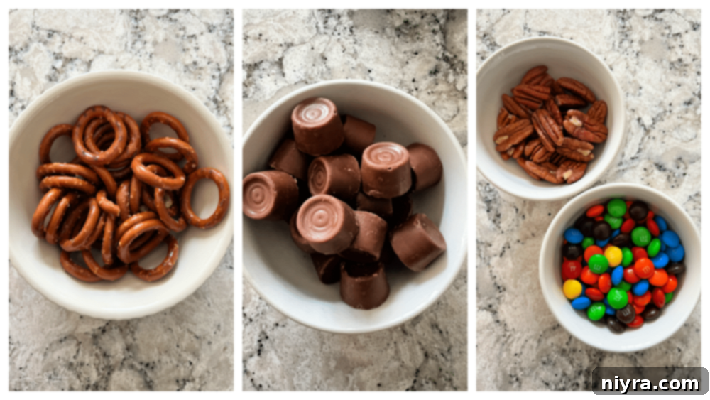 A flat lay image displaying the three simple ingredients: a bag of Rolos, a bag of circular pretzels, and a bag of M&Ms.