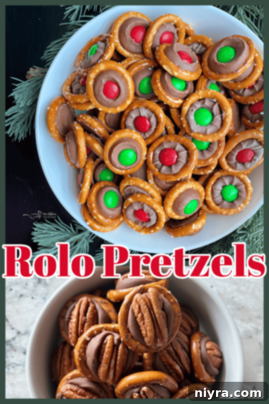 A close-up of a completed Rolo Pretzel Bite with a red M&M on top, showcasing the perfect melt and assembly.