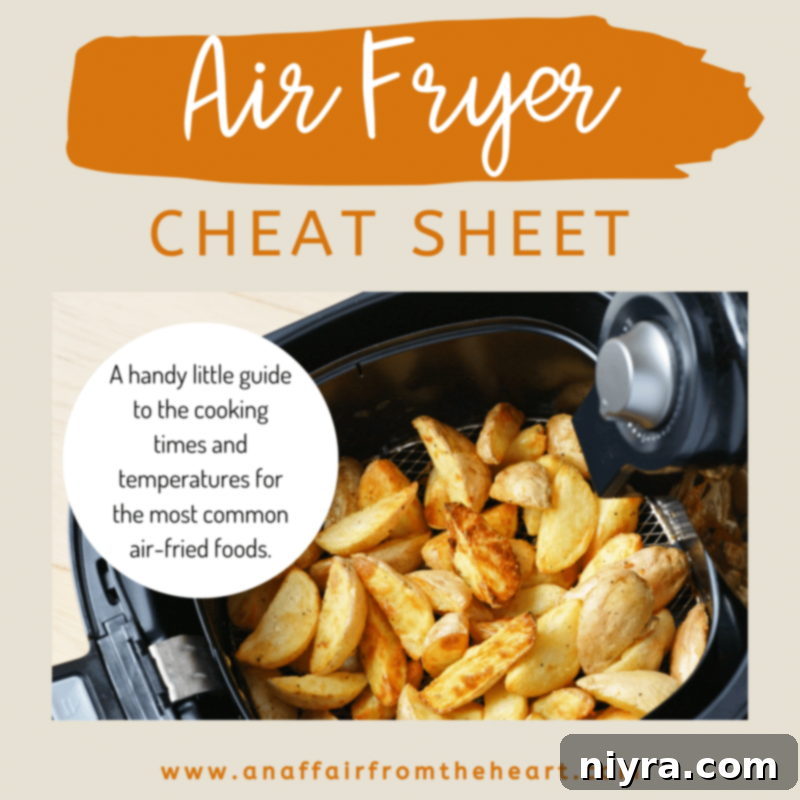 Air Fryer Quick Guide Free Printable 2 A vibrant air fryer cheat sheet displaying cooking times and temperatures for various foods.