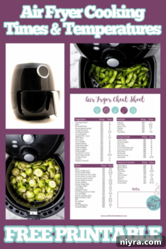 Air Fryer Quick Guide Free Printable 8 Detailed graphic of air fryer cooking times and temperatures for common foods.
