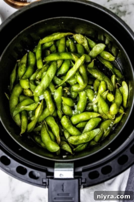 Air Fryer Quick Guide Free Printable 4 Perfectly cooked air fryer edamame beans in a bowl, ready for snacking.