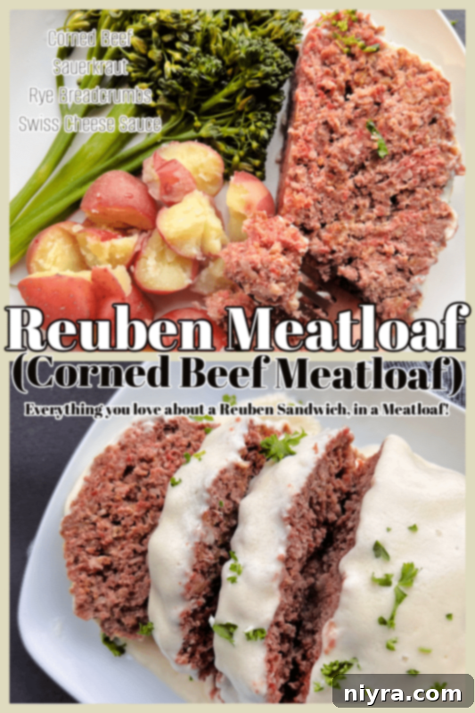Close-up of Reuben Meatloaf with Swiss cheese sauce and parsley