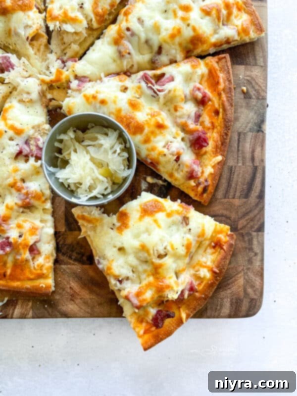 Reuben Pizza with corned beef, sauerkraut, and cheese