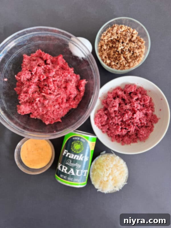 Ingredients for Reuben Meatloaf laid out
