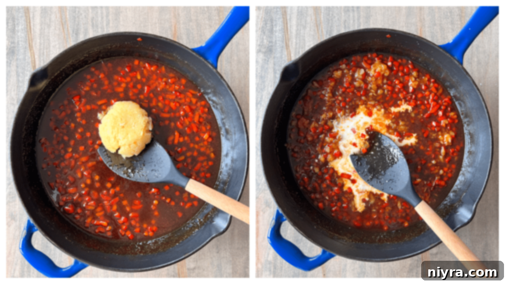 Crushed pineapple added to the sweet and sour sauce