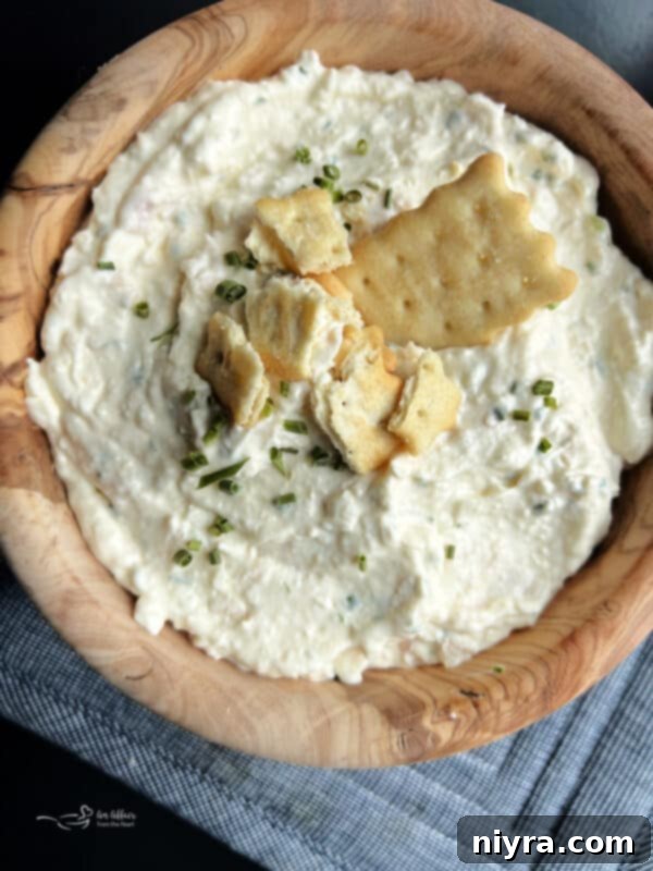 Savory Chicken Cracker Dip 2 A creamy Chicken in a Biskit Dip in a serving bowl, surrounded by crackers.