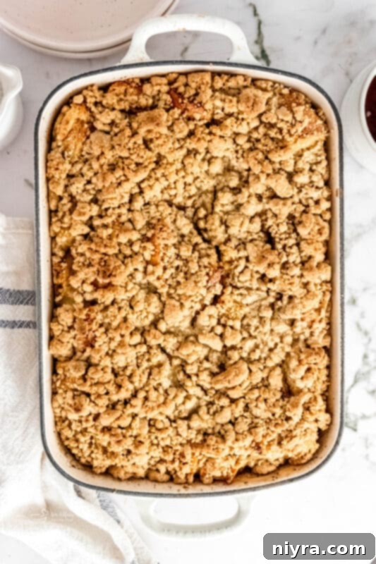 Crumb-Topped French Toast Casserole 11 Freshly baked French toast casserole in a baking dish