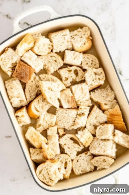 Crumb-Topped French Toast Casserole 6 A baking dish filled with bread cubes