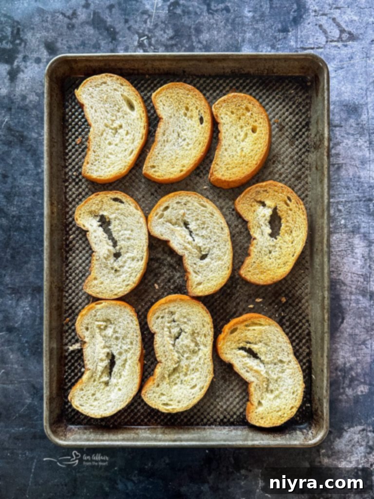 Toasting baguette slices for French Onion Soup