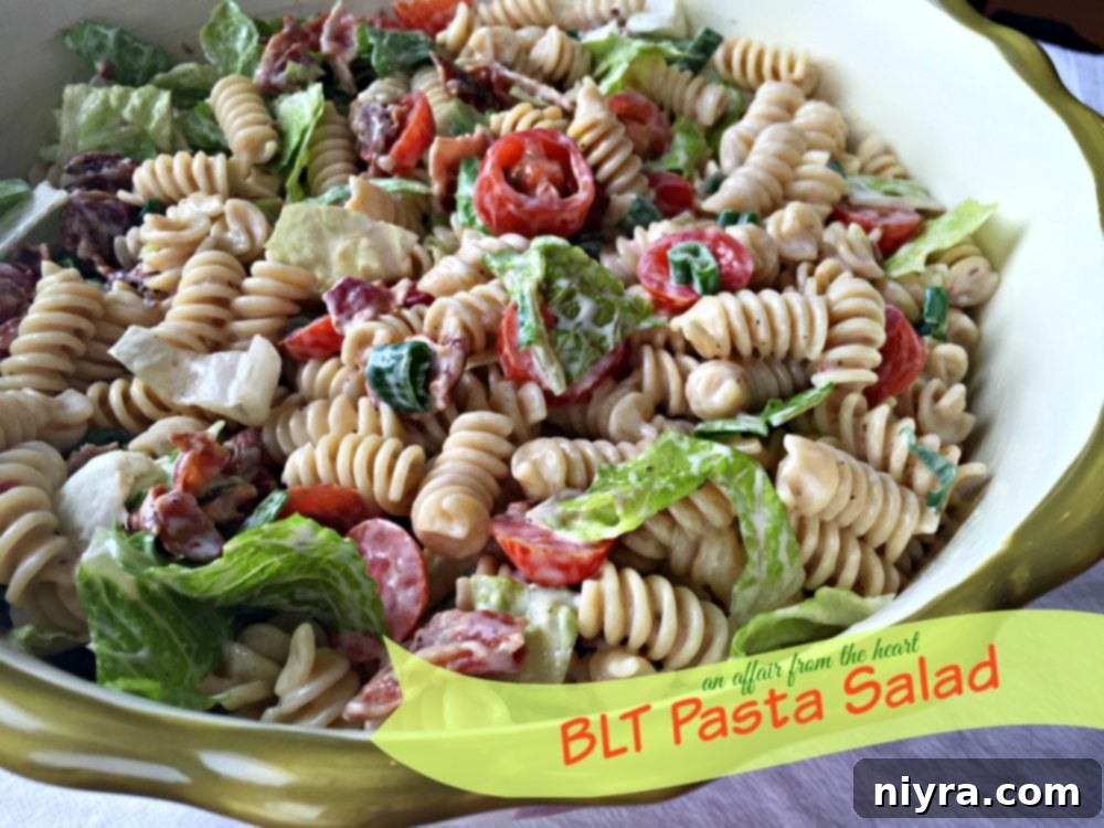Classic BLT Pasta Salad 13 Close up of BLT Pasta Salad with text "BLT Pasta Salad"