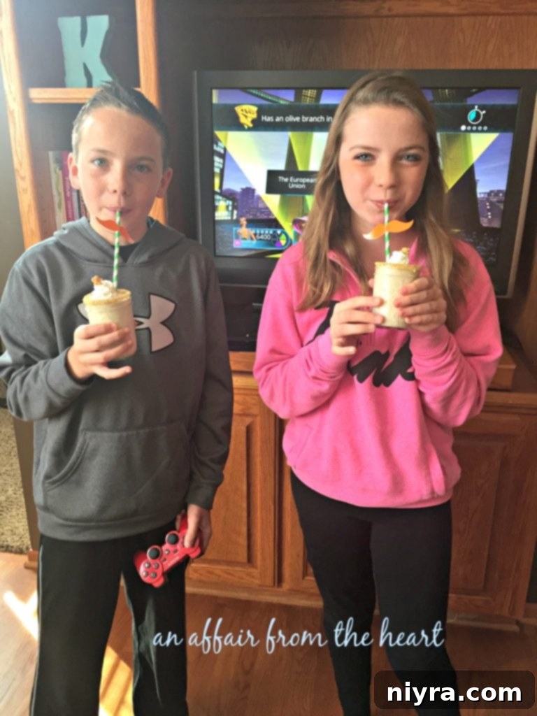 My twins, taking a Trivial Pursuit break to enjoy a fun banana cream pie shake in 2015.