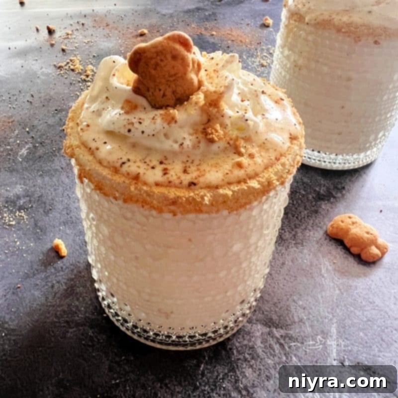 Overhead shot of the ingredients laid out for Banana Cream Pie Shakes: bananas, frozen yogurt, vanilla, nutmeg, graham crackers, and whipped cream.