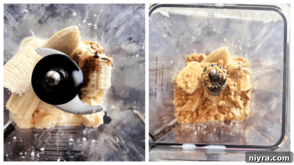 Step-by-step image of blending ingredients for Banana Cream Pie Shake in a blender.