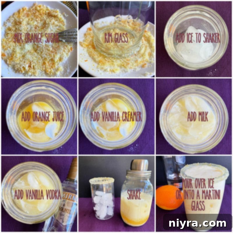 A collage showing the preparation steps for a Grown-Up Orange Julius: zesting oranges, mixing ingredients in a shaker, and garnishing.