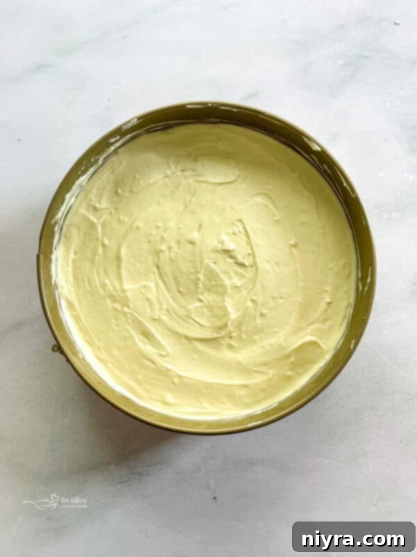 Smooth marshmallow cheesecake filling spread over the crust and ready for chilling.